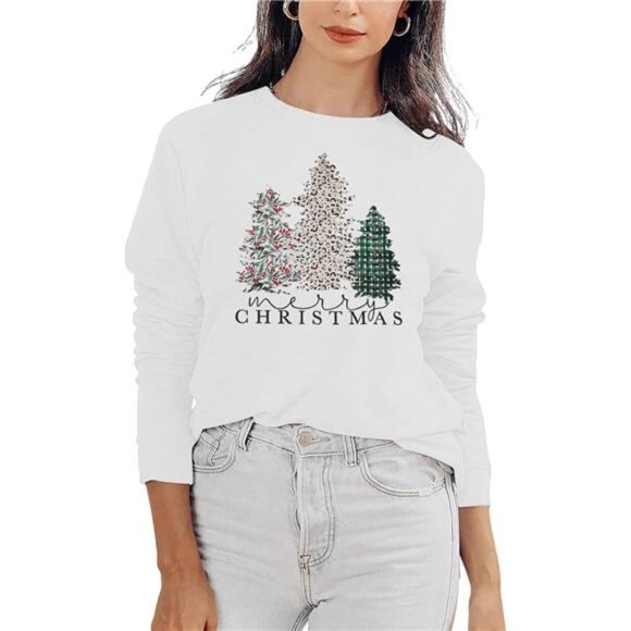 Merry Christmas Sweatshirt for Women - Plaid Holiday Long Sleeve Tree - Picture 5 of 6